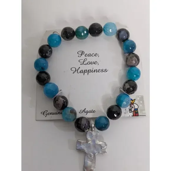 Genuine Fire Agate Bracelet w Silver Tone Rhinestone Cross Heart Cutouts NIB - Picture 3 of 5